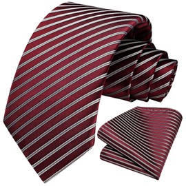 HISDERN Ties for Men Burgundy Tie Handkerchief Set Red White Striped Business Formal Woven Pocket Square Necktie Wedding College for Husband