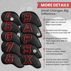 Golf Iron Head Covers Magnetic Closure Leather Double Side Numbers Value 10 Pack, Golf Clubs Headcovers Lightweight Synthetic Protection, Deluxe Fit Main Irons for Men Women (Red)
