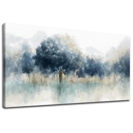 Foggy Forest Canvas Wall Art - Indigo Blue Abstract Trees Pictures for Wall Decor Nature Canvas Painting Modern Printing Artwork for Living Room Bedroom Home Office Wall Decoration 20" x 40"