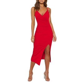 WAYMAKER Cocktail Dress for Women 2025 Wrap V Neck Ruched Sheath Bodycon Date Night Club Wedding Guest Semi Formal Prom Midi Dresses, Red, Large