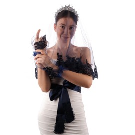 Bridal Wedding Veil | Lace Embroidered Bride Veil, Costume for Wedding Henna Night, Navy Blue, Standard