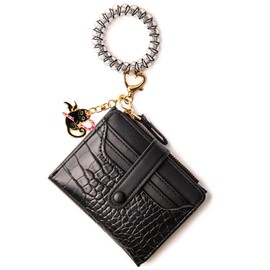 HONYJOOM Wallet Keychain Wristlet for Women Card Holder with Bracelet and Cute Key Chains Accessories Girl Small Wallets, Black, 5*3.8*1