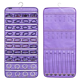 ANZORG Dual-sided Hanging Jewelry Organizer with 40 Zippered Pockets and 20 Hook Loops Necklace Holder Jewelries Organizer for Earrings Bracelets Rings with 360 Degree Rotating Hanger (40 Zippered Pockets and 20 Hook Loops-Purple)