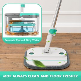 KZKR Upgraded Spin Mop and Bucket System Set, Self Separate Clean and Dirty Water, Foldable Square Standing Mop Head with Microfiber Mop Pads, Detachable Mop Bucket (White+Blue, Mop Set with 6PC Pads)