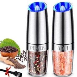 Automatic Salt and Pepper Grinder Set (2pc). One Hand Operation, Adjustable Coarseness, Blue LED Light, Battery Operated, Kitchen Accessories (Black) (Silver)