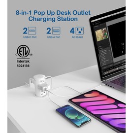 2.5 inch Hole Pop up Outlet for Countertop,20W USB C,4 USB Ports,4 Outlets 15Amp Tamper Resistant Receptacle Flush Mount,Space Saver Recessed Outlet,1875W,ETL Listed