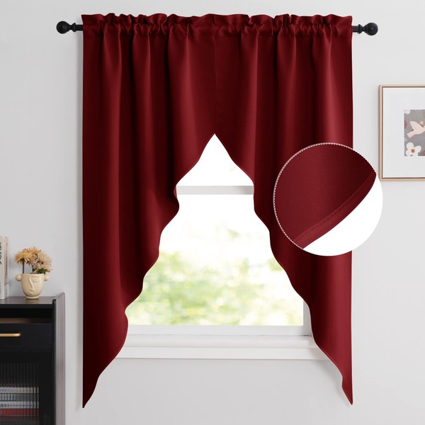 NICETOWN Blackout Kitchen Tier Curtains- Rod Pocket Tailored Scalloped Valance/Swags for Basement (1 Set, 72 inches Wide Combined, 63 inches Long, Burgundy Red)