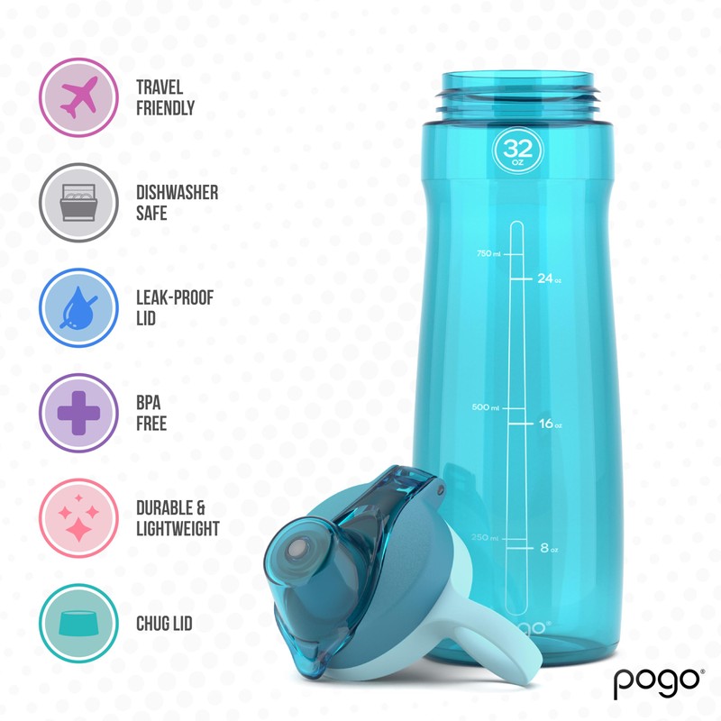 Pogo BPA-Free Plastic Water Bottle with Chug Lid, Blue Atoll,