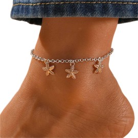 Aneneiceera Boho Starfish Anklet Bracelet Mixed Color Ankle Chain Gold Starfish Star Pendant Anklet Silver Foot Chain Hawaiian Beach Starfish Foot Jewelry for Women and Girls