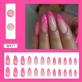 Hot Pink Gradient French Tip Press on Nails Medium Almond Fake Nails Pink Glitter Designs False Nails Full Cover Stick on Nails Reusable Acrylic Artificial Nails Glue on Nails for Women 24Pcs