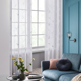 Deconovo Curtains White Curtain Transparent Linen Look Eyelet Curtain Voile Eyelet Curtain Living Room 229 x 140 cm Flowers