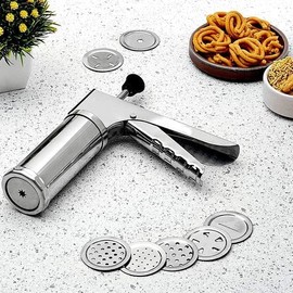 AYUSHNAIK Stainless Steel Kitchen Press with 15 Different Types of Jalies, Sev Maker/Idiyappam Press/Murruku Machine/Noodle/Namkeen Press/Gathiya Maker
