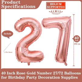 Rose Gold 27 Number Balloons, 40 Inch Giant Number 27 Balloons Foil Mylar Helium Rose Gold Number Balloons for 27th Birthday Party Supplies Anniversary Event Celebration Decorations