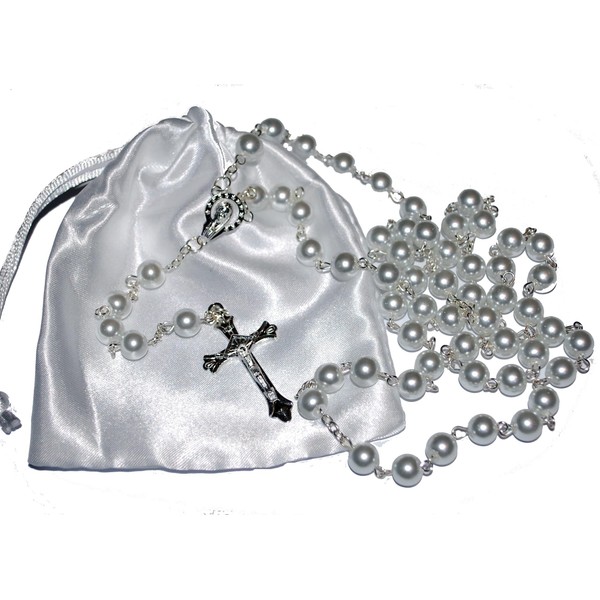 First Holy Communion Rosary Beads – Beautiful 1st Communion Keepsake Present - Gorgeous Girls or Boys Gift Set. Excellent Quality Five Decade Rosary with Silver Crucifix, Chain with Pearl effect beads supplied with FREE white satin drawstring pouch. For 