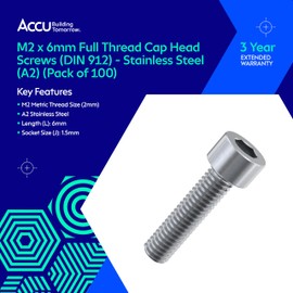 Accu - M2 x 6mm Full Thread Cap Head Screws (DIN 912) - Stainless Steel (A2) (Pack of 100)