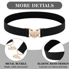 Amaxiu Women Heart Elastic Belt, Stretch Invisible Ladies Belts with Gold Flat Buckle Skinny Waist Belt for Dresses Jeans(Black)