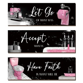 Honoson 3 Pcs Pink Bathroom Decor Wall Art Bathroom Pictures Decor Accept Let Go Have Faith Wood Wall Hanging Sign for Home Spa Laundry 11. 8 x 3. 9 x 0. 2 Inches