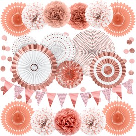 Reusable Rose Gold Party Decorations for Birthday Parties, Weddding Decor 19pcs Hanging Paper Fans, Pom Poms Flowers, Garlands String Polka Dot and Triangle Bunting Flags by Wonsta
