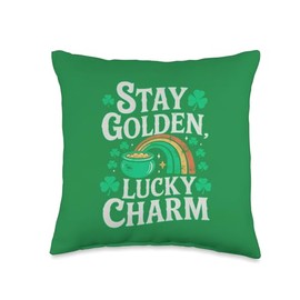 Stay Golden Lucky Charm Pot of Gold Clover St. Patrick's Day Throw Pillow