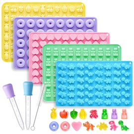 Silicone Gummy Molds Set of 5, Non-stick Candy Chocolate Molds with 2 Droppers 1 Clean Brush, Includes Dinosaur Bear Donut Fruit Heart Shape