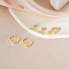 SILBERTALE Set of 3 Pairs of Earrings 925 Silver Mini Gold Hoop Earrings with Balls Wide Hoop Earrings Small Zirconia Stud Earrings Girls Women, Sterling Silver