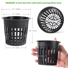 ORIMERC 4 inch 15 Pack Net Cup Pots, with 15 feet Self Watering Rope, 15 Plant Labels, for Hydroponic Aquaponics Kratky Orchid Vegetable Indoor Outdoor Growing Baskets Nursery Slotted Mesh BPA Free