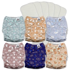 Mama Koala 3.0 Pocket Cloth Diapers for Babies with AWJ Lining, 6 Pack with 6 5-Layer Natural Cloth Diaper Inserts - Reusable and Washable Pocket Diapers(A-Cabin Vibes)