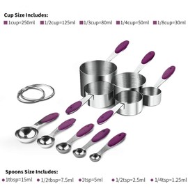 Measuring Spoons and Cups Set of 10 Pieces, Stainless Steel Utensils with BPA-Free Silicone Grips for Liquid & Dry Ingredients, Metal Scale for Kitchen Cooking Baking, Dishwasher-Safe, Purple