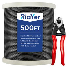 Riayer 500FT 1/8" Black Wire Rope with Cutter,T316 Premium Stainless Steel Deck Cable Railing Kit, 7x7 Construction for Stair & Outdoor Hanging, Garden Fence - Complete Cable Railing Hardware System