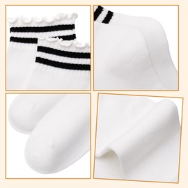 Zuimei 6 Pairs White Frilly Socks Women Striped Ruffle Socks Woman Cotton Cute White Ankle Socks Breathable Casual Crew Socks for Womens Ladies Girls UK Size 3-7