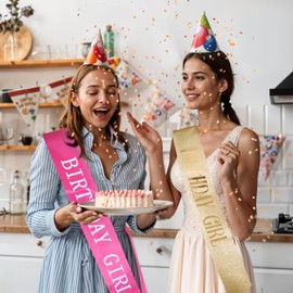 2 PCS Birthday Girl Sashes, Pink/Gold Happy Bday Queen Sash Glitter Birthday Sash Party Favors Accessories Supplies Decorations for Women Girls