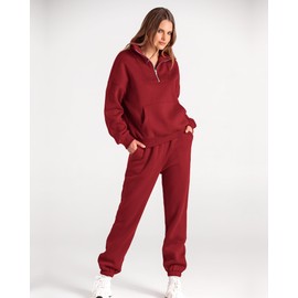 BTFBM Casual 1/4 Zip Sweatsuits Tracksuits 2024 Fall Clothes Sportswear Jogger Outfits 2 Piece Matching Sets For Women(Solid Red, Large)