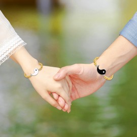 2 Yin Yang Bracelets Set for Couples - Him and Him Haema Beads Bracelets for Men Women with Extended Stainless Steel Chain, Matching Puzzle Yinyang Bracelets for Boyfriend Girlfriend Best Friend,