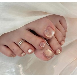 KQueenest Cat Eye Nude Toe Press on Nails Short Square, Glitter Nude Fake Toe Nails Press on, Soft Gel Glue on Toe nails for Women Summer, Luxury Sparkly Reusable Toe Acrylic Nails 24 Pcs