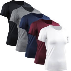CADMUS Women's Compression Short Sleeve Workout Shirts - Baselayer for Gym, Running, Yoga, Soft Dry Fit, 2017, 5 Pack, Balck+Grey+Navy Blue+Red+White, XX-Large