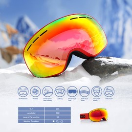 Dizokizo Ski Goggles Interchangeable Spherical Lens for Skiing Snowboard Anti-fog 100% UV Protection Triple Breathable Foams for Kids REVO Red