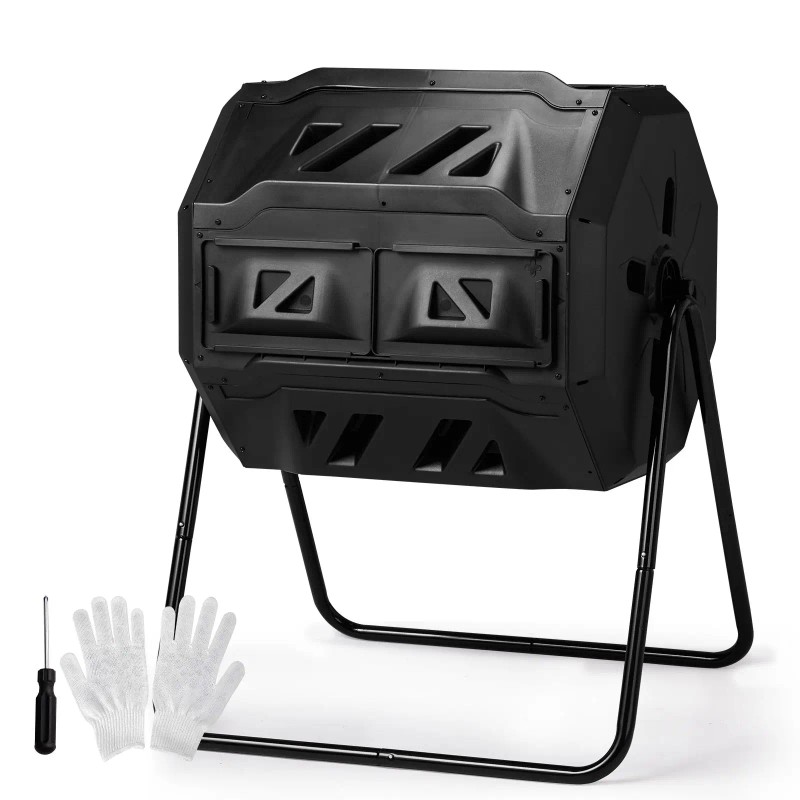 42-Gallon Dual Chamber Outdoor Compost Tumbler Black Rotating Batch Composter