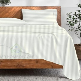 Extra Deep Pocket Queen Sheets (4-Piece) Cotton Bed Sheets, 100% Egyptian Cotton 400 Thread Count, 22 Inch Deep Pocket of Fitted Sheet with Elastic All Around (Ivory Stripe, Queen Size)