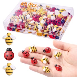 MIKIMIQI 40 Pcs Tiny Resin Bees Ladybugs Decor, Including 20 Pcs Bumble Bee Embellishment 20 Pcs Resin Ladybug Craft Decorations with Storage Box for DIY Craft Wreath Party Decor, 0.74 Inch