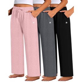 Neer 3 Pack Women's Plus Size Pants with Back Pockets, Wide Leg Casual Pants High Waist Lounge Elastic Drawstring Yoga Jogger(Black, Dark Gray, Pink,4X-Large)