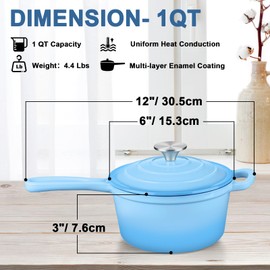 Enameled Cast Iron Sauce Pan with Lid, Leonyo 1 Quart Saucepan with Lid, Small Enamel Cast Iron Dutch Oven Kitchen Cookware for All Cooktops Cooking Soup, Milk - Up to 500°F & 4.4Lbs, Lake Blue