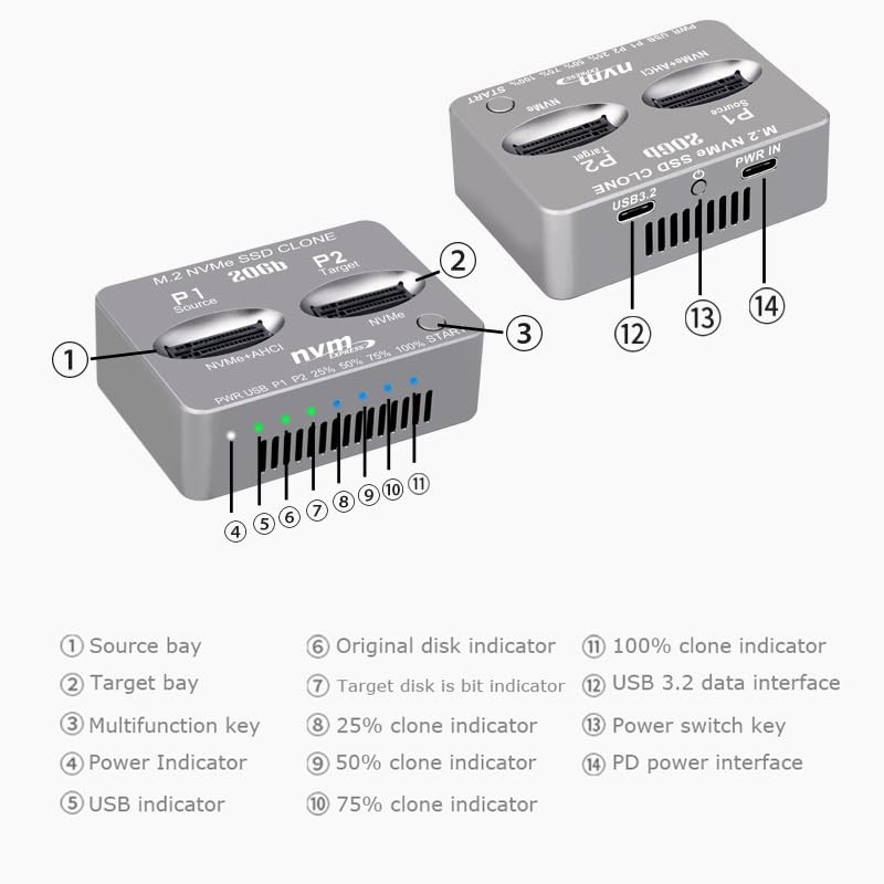M.2 NVMe SSD Dock AHCI Duplicator Cloner USB3.2 20G SSD