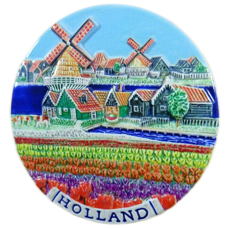 Souvenir Magnet Holland 1 x 7.5 cm Diameter Tulips Windmill
