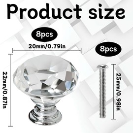 Crystal Door Knobs,8 PCS 20MM Crystal Glass Cabinet Door Knobs with Screws,Crystal Drawer Knobs,Crystal Door Handles for Cupboards, Wardrobe, Sideboard, Drawer, Wardrobe Door