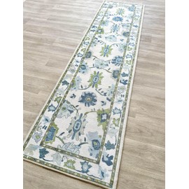 Fame Living Green Oushak Runner Rug, Modern Runners, Vintage, Turkish, Eclectic, Floral, Pastel, Washable, Runner for Hallway, Kitchen, Bedroom, Bathroom, 2'5"x9'8"