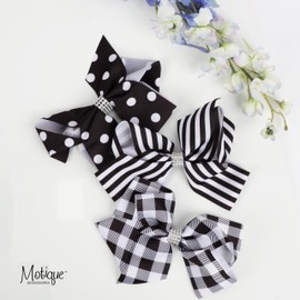 Patterned Hair Bow for Women and Girls with Silver Rhinestones 1 Piece (Plaid)