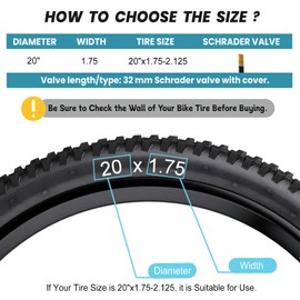 20 Inch Bike Inner Tube: Hycline 2-Pack Bicycle Inner Tubes Compatible for 20 Inch x 1.75/1.95/2.10/2.125 Bike Tire, Mountain Bike Inner Tube with Schrader Valve, 2PCS Levers
