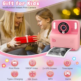 Instant Print Camera for Kids, Christmas Birthday for Age 3-12 Girls Boys Gifts, Inkless Instant Print Photo Digital Selfie Camera for 3 4 5 6 7 8 9 Year Old Toddler Children Travel Toys (Pink&Pink)