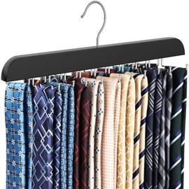 RESOVO Upgraded Tie Rack Hanger with 20 Foldable Metal Hooks, Space Saving Necktie Organizer for Men – Large Capacity Tie and Belt Wooden Hanger for Closet - Black