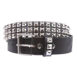 Snap On Three Row Punk Rock Star Metal Silver Studded Full Grain Cowhide Leather Belt, Black | 34"